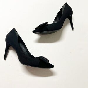 Tory Burch Aria Black Grosgrain Bow Suede Leather Pointed Toe Stiletto Heel 7M